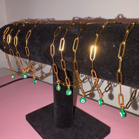 Green evil eye paper clip bracelet