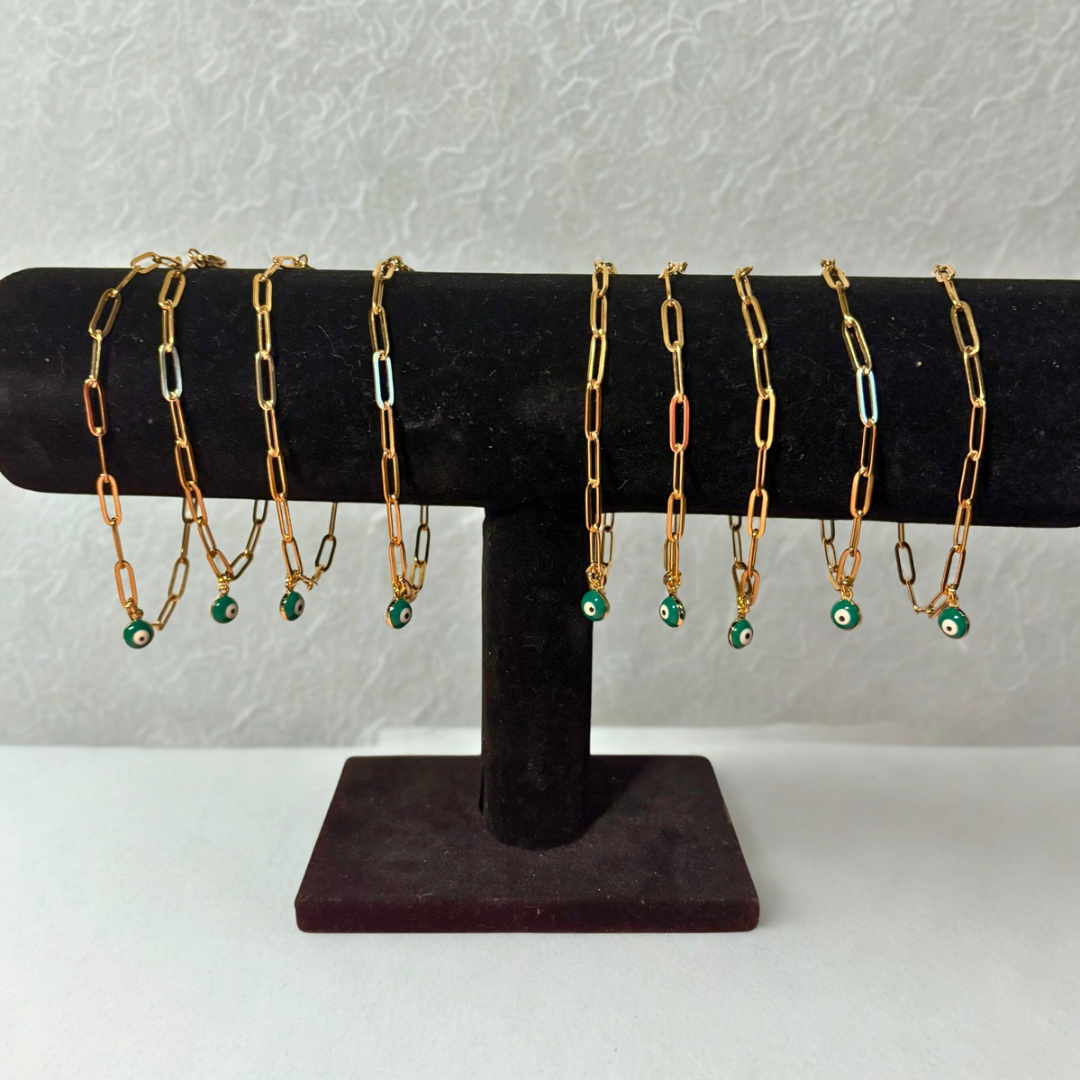 Green evil eye paper clip bracelet