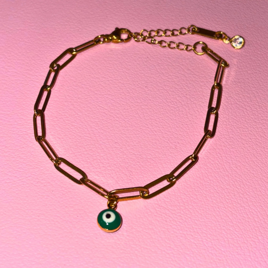 Green evil eye paper clip bracelet