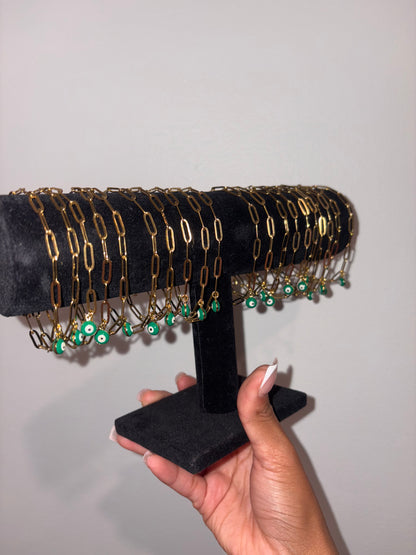 Green evil eye paper clip bracelet