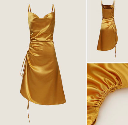 Satin Slit Ruched Gold Dress